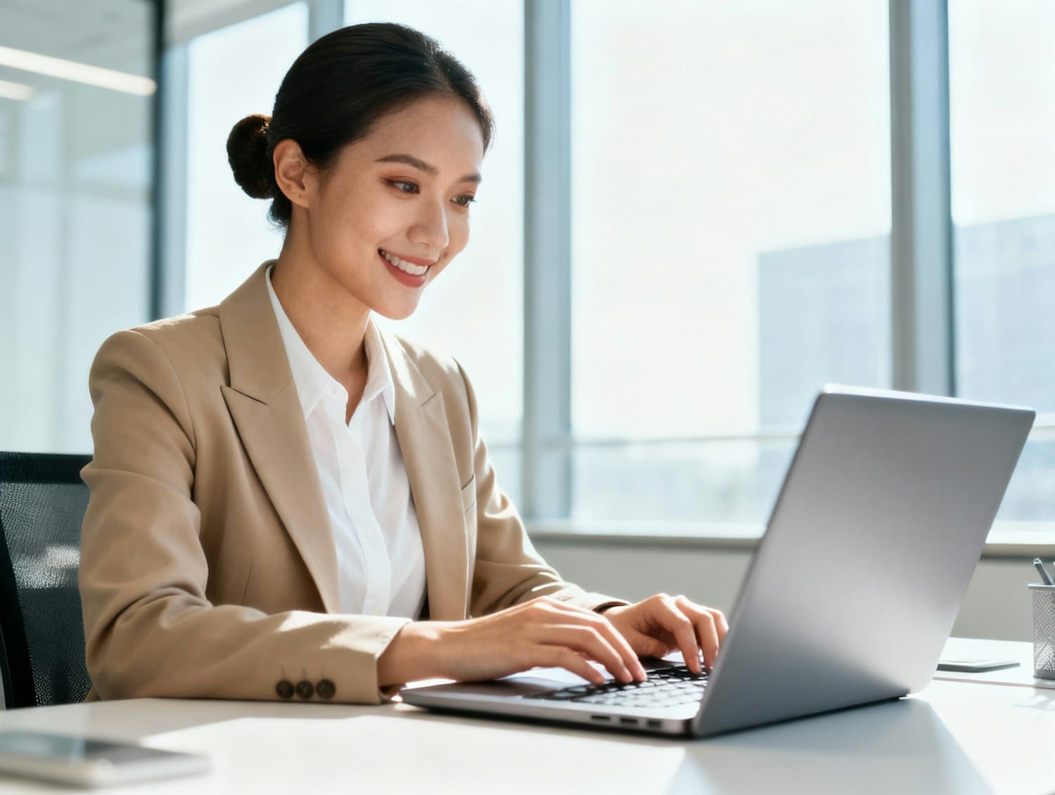 A civil servant completing a loan application on a laptop